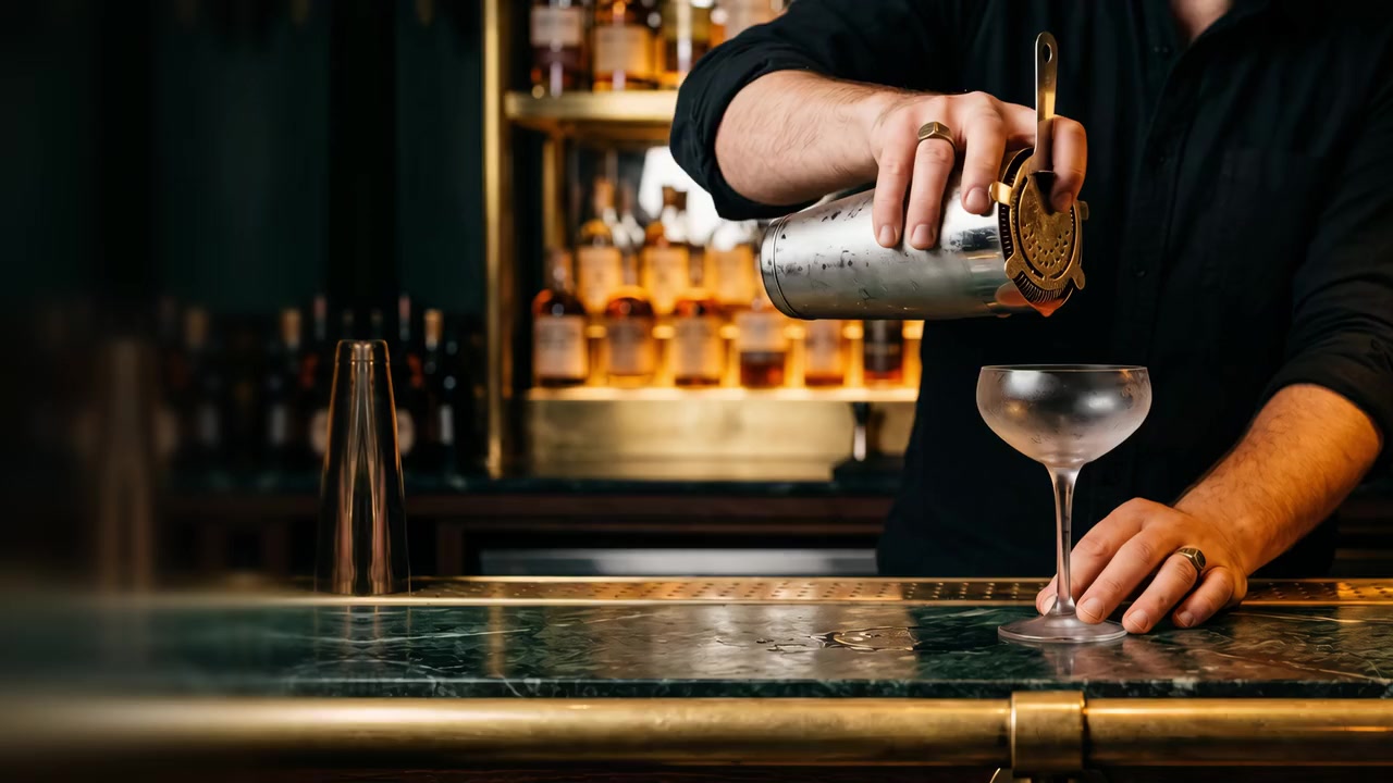 Un barman cuela un cóctel en una copa coupé sobre la barra de mármol verde de Velvet Hour, con su pasamanos de latón